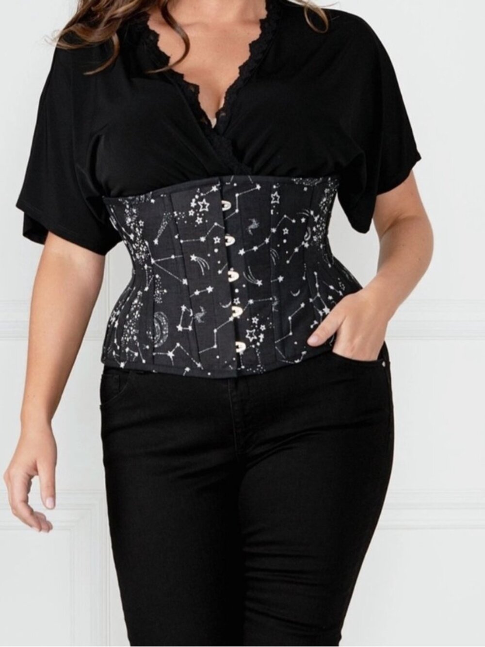 Corset Story Black Astronomy Constellations Stars Print Corset Size 40